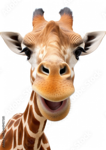 Fancy girafe portrait isolated on white background. Girafe looking into camera. copy space for text.