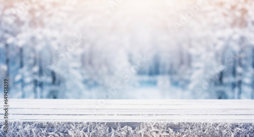 Snowy Table Against Winter Landscape of Trees Covered with Snow for Product Advertisement
