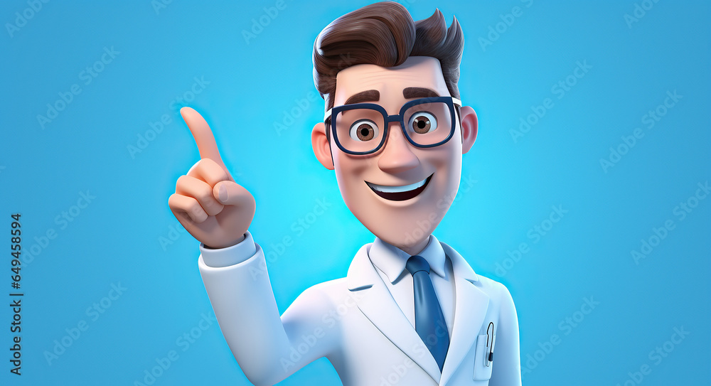 cartoon doctor wears white coat and glasses, shows finger up cartoon doctor wears white coat and glasses, shows finger up