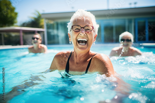 Active senior women enjoying aqua fit class in a pool