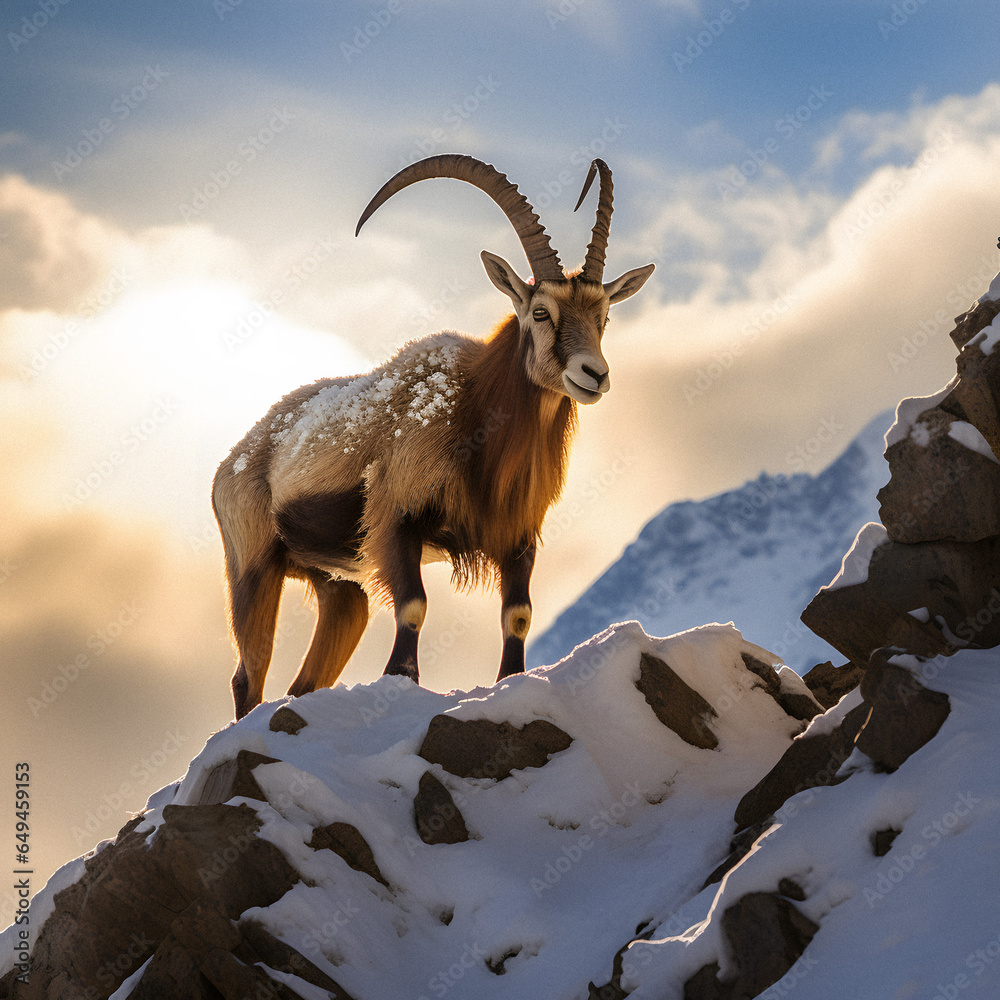 Majestic Ibex Climbing in Stunning Light. Generative AI.