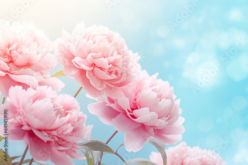 Beautiful pink large flowers peonies on a light blue turquoise background with blurry soft filter