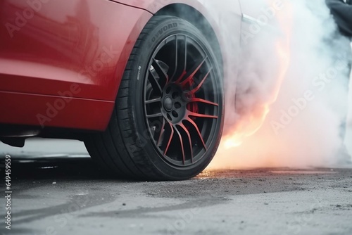 Drifting tire produces smoke with fiery red brakes. Generative AI