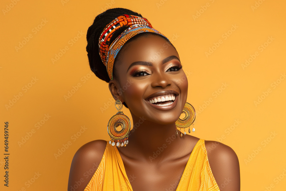 Cheerful African woman with makeup smiling in a studio - obrazy, fototapety, plakaty 