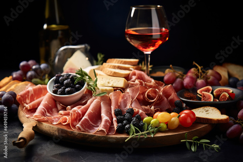 Charcuterie plate with prosciutto, salami, cheese and berries, olives.