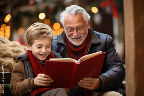 Cheerful grandfather and grandson reading book together