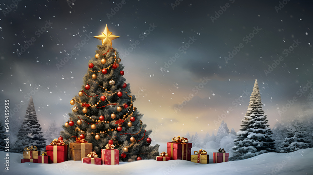 Obraz premium Beautiful decorated Christmas tree with gifts boxes in a winter landscape with snow