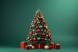 Christmas or New Year's layout with a Christmas tree and gifts. Festive minimalistic background
