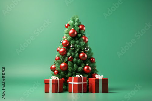 Christmas or New Year's layout with a Christmas tree and gifts. Festive minimalistic background