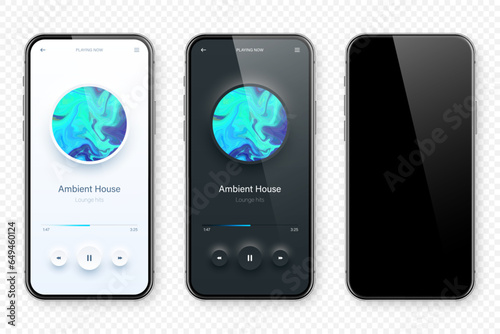 Online audio player user interface, smartphone app UI design. Music, media streaming and listening platform. Responsive mobile application. Neumorphism, neumorphic style. Vector illustration.