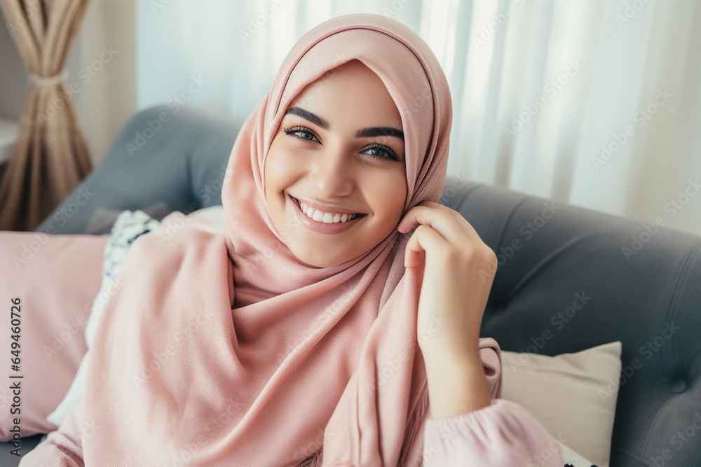 Happy Arabian woman relaxing on the sofa at home. Girl taking selfie picture with smartphone