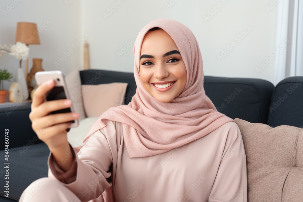 Happy Arabian woman relaxing on the sofa at home. Girl taking selfie picture with smartphone Happy Arabian woman relaxing on the sofa at home. Girl taking selfie picture with smartphone