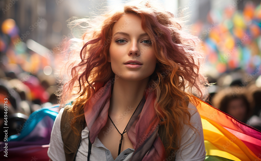 Young woman walking in the city, smiling, enjoying freedom and fashion generated by AI