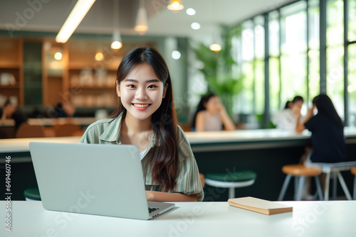 Happy Asian girl student using laptop computer in university library