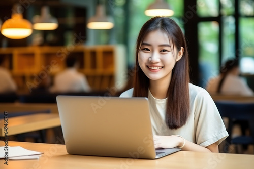 Happy Asian girl student using laptop computer in university library