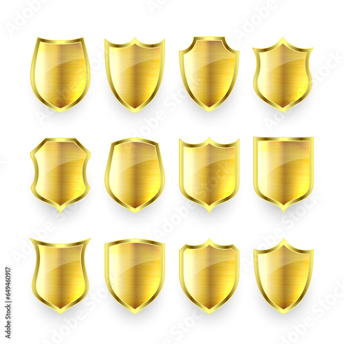 Set of various vintage 3d metal shield icons. Shiny golden heraldic shields. Black protection and security symbol  label. Vector illustration