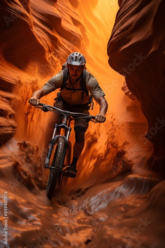 a man riding a mountain bike bicycle through a canyon