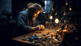 Male hermit crafting handmade jewelry, ring, lightbulb, creating something special