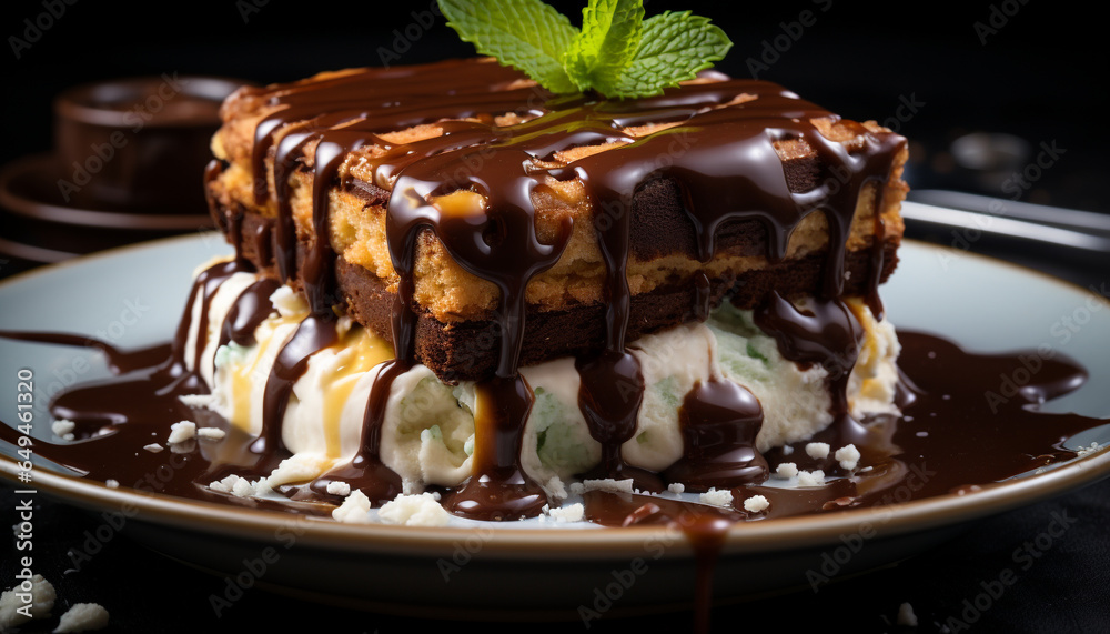 Indulgent homemade chocolate cake with whipped cream and fudge sauce generated by AI Indulgent homemade chocolate cake with whipped cream and fudge sauce generated by AI