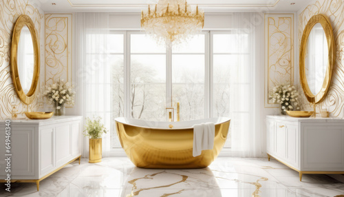 Fotografering Salle de bain luxueuse en or et marbre blanc