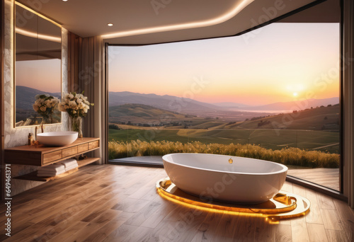 Billede på lærred Salle de bain luxueuse avec vue panoramique sur le coucher de soleil