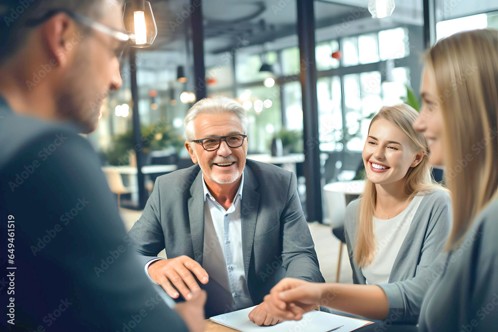 Fototapeta premium Mature employees and younger employees discussing work issues at the table, people working together
