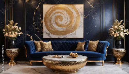 Canapé bleu et or avec un tableau abstrait dans le salon luxueux d'un hôtel