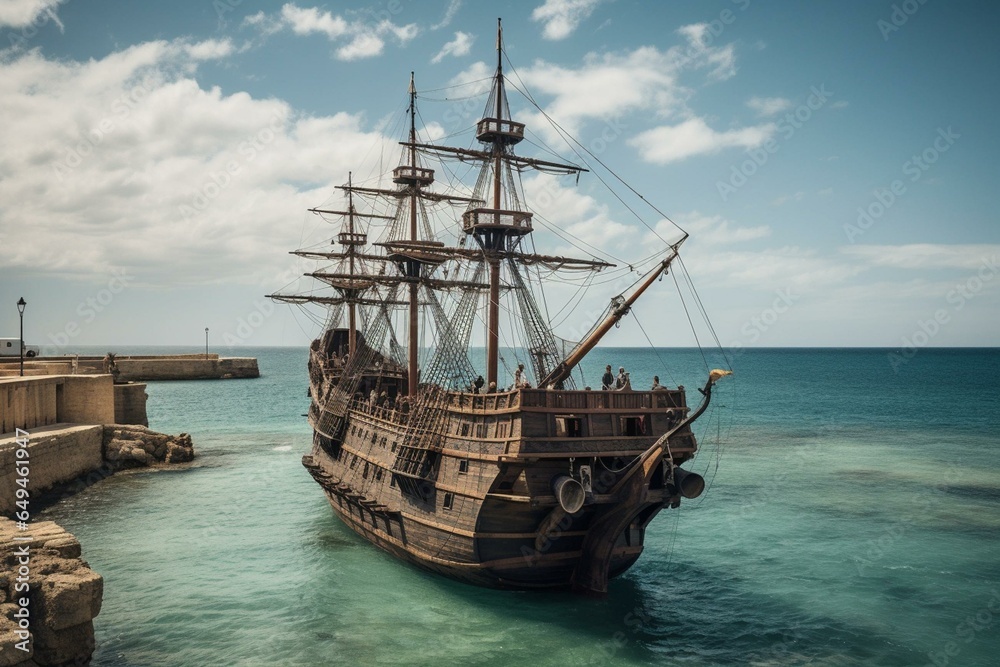 Fototapeta premium Ancient ship arriving a historic port. Generative AI
