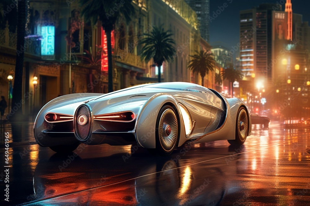 Elegant exotic vehicle cruising through illuminated city streets. Generative AI