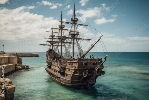 Ancient ship arriving a historic port. Generative AI