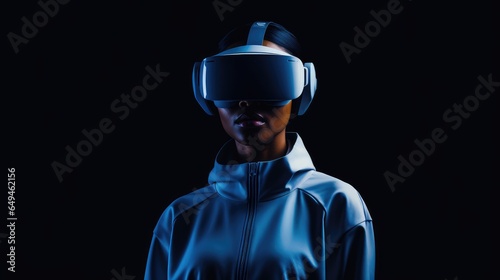Black woman in tech wear using a virtual reality or augmented reality headset, minimalist view from the front