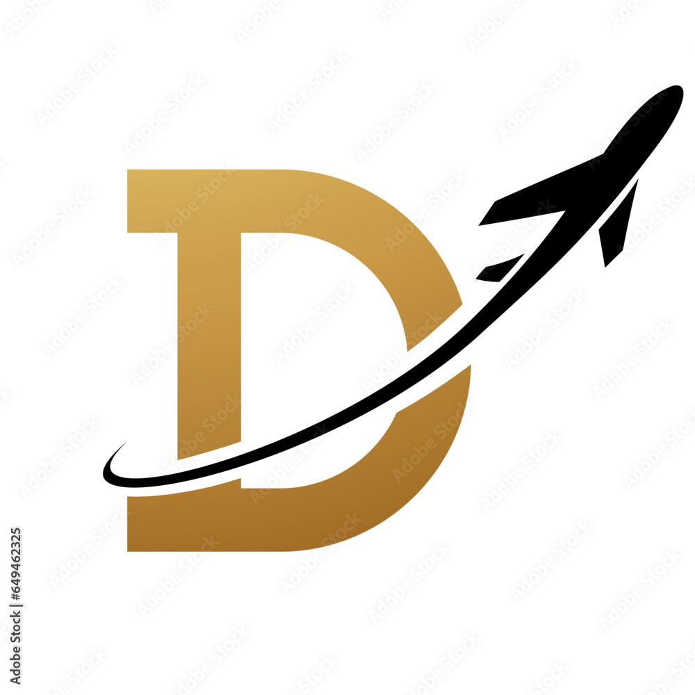 Gold and Black Antique Letter D Icon with an Airplane Gold and Black Antique Letter D Icon with an Airplane