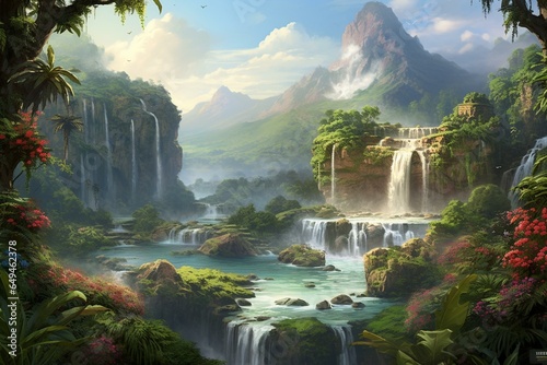 A dreamy landscape with lush vegetation and a cascading waterfall. Generative AI