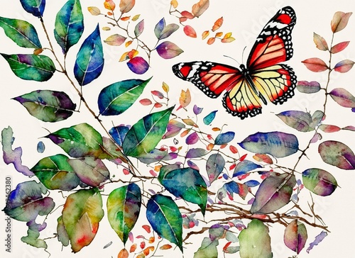 Watercolor illustration of butterflie and leaves © yogia10