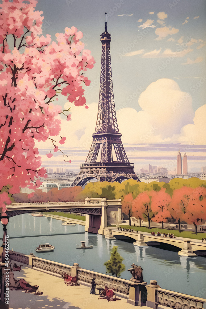 Obraz premium Vintage Paris Poster with Eiffel Tower, AI generated