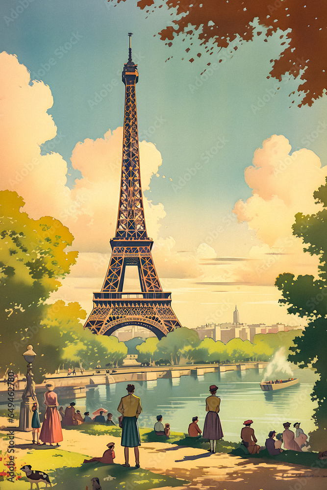 Vintage Paris Poster with Eiffel Tower, AI generated