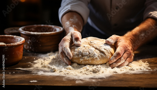 One baker kneading dough on wooden table, preparing homemade bread generated by AI