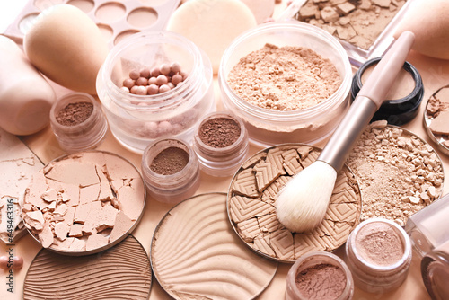Varieties of face powders and foundations for perfect complexion, basic make up products to even out and matte skin, beauty cosmetics with brushes and sponges, selective focus, toned image