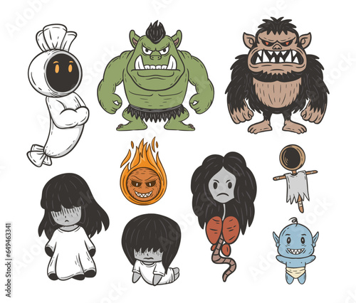 Indonesian Ghost, Pocong, Buto Ijo, Banaspati, Genderuwo, Kuntilanak, Suster Ngesot, Kuyang, Jailangkung, Tuyul cartoon doodle vector illustration