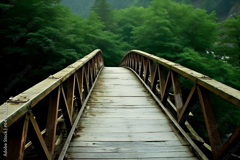 Beautiful wooden bridge over the river in the mountains nature view.