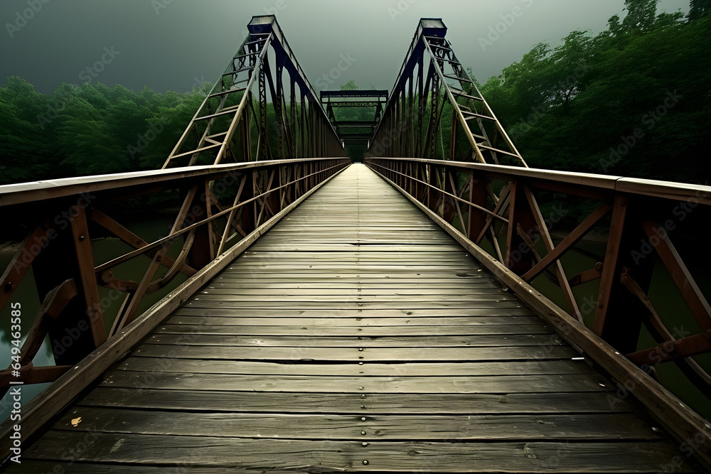 Obraz premium Beautiful wooden bridge over the river in the mountains nature view.