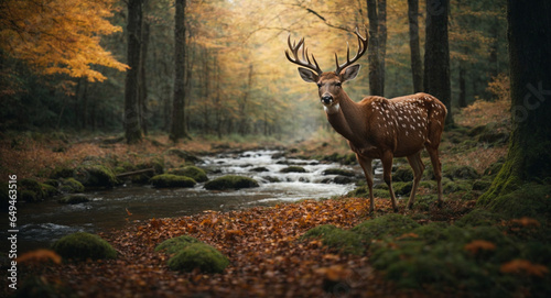 A deer standing on a small river in a beautiful forest. Generative AI
