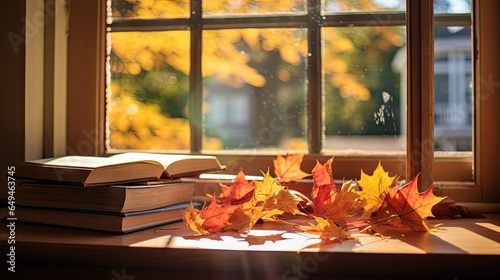 window with books and autumn leaf