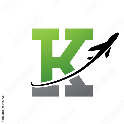 Green and Black Antique Letter K Icon with an Airplane