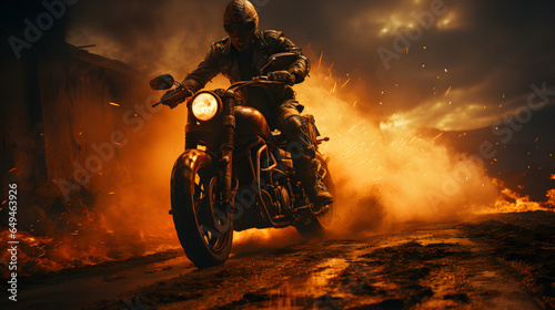Rider on a motorcycle on burning background © Kateryna Kordubailo