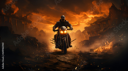 Rider on a motorcycle on burning background