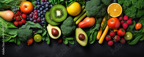Assorted fruits and color vegetables top view. wide vegetable banner.
