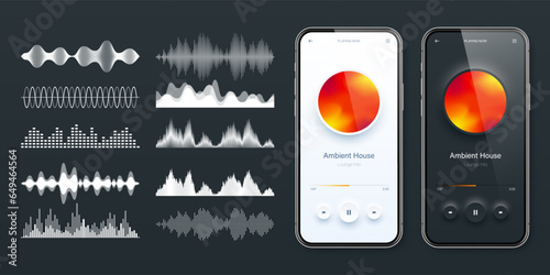 Online audio player user interface, smartphone app UI design. Music, media streaming and listening platform. Responsive mobile application. Neumorphism. Various sound waves. Vector illustration