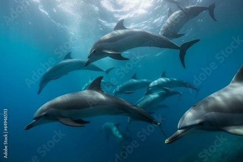 An image featuring a group of dolphins swimming together. Generative AI