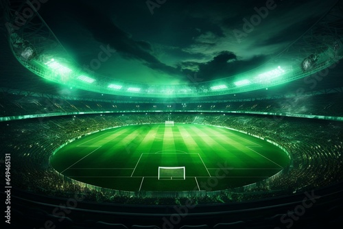 Illuminated green stadium with pristine field. Generative AI